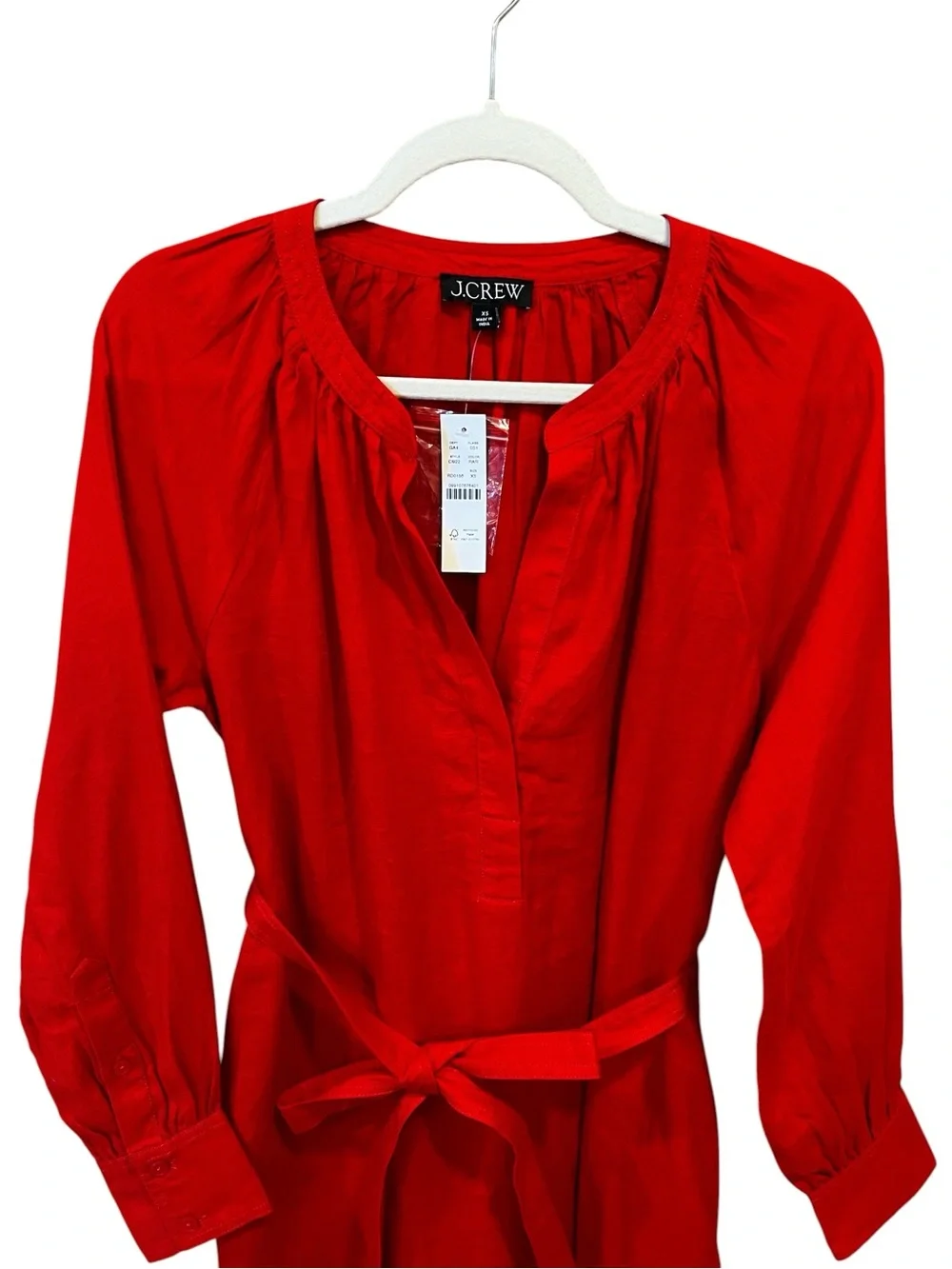 J. Crew Cabana Linen Long Sleeve Dress Red Size XS NWT Beach Resort Classic